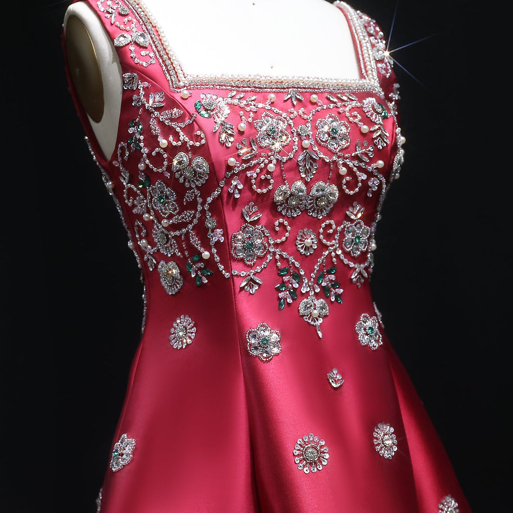 Luxury Dubai Beaded Burgundy Sauqre Neck Evening Dress