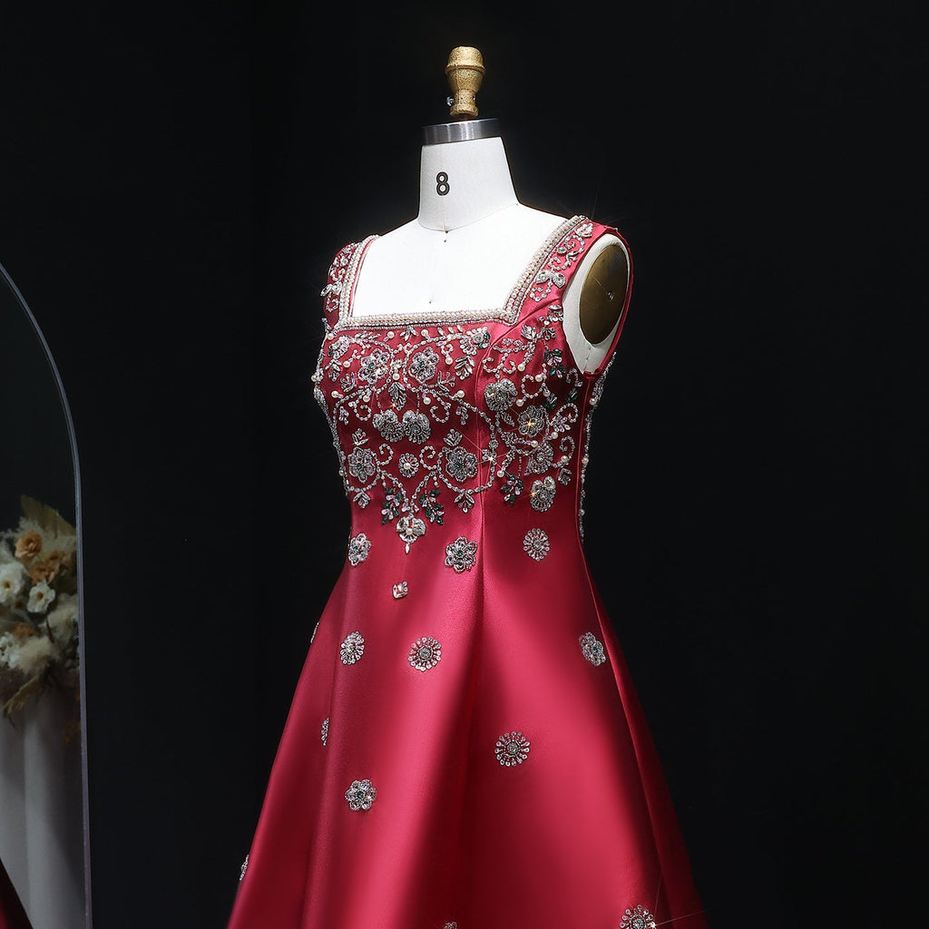 Luxury Dubai Beaded Burgundy Sauqre Neck Evening Dress