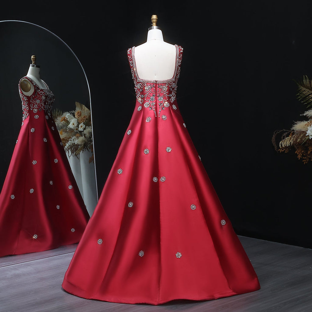 Luxury Dubai Beaded Burgundy Sauqre Neck Evening Dress