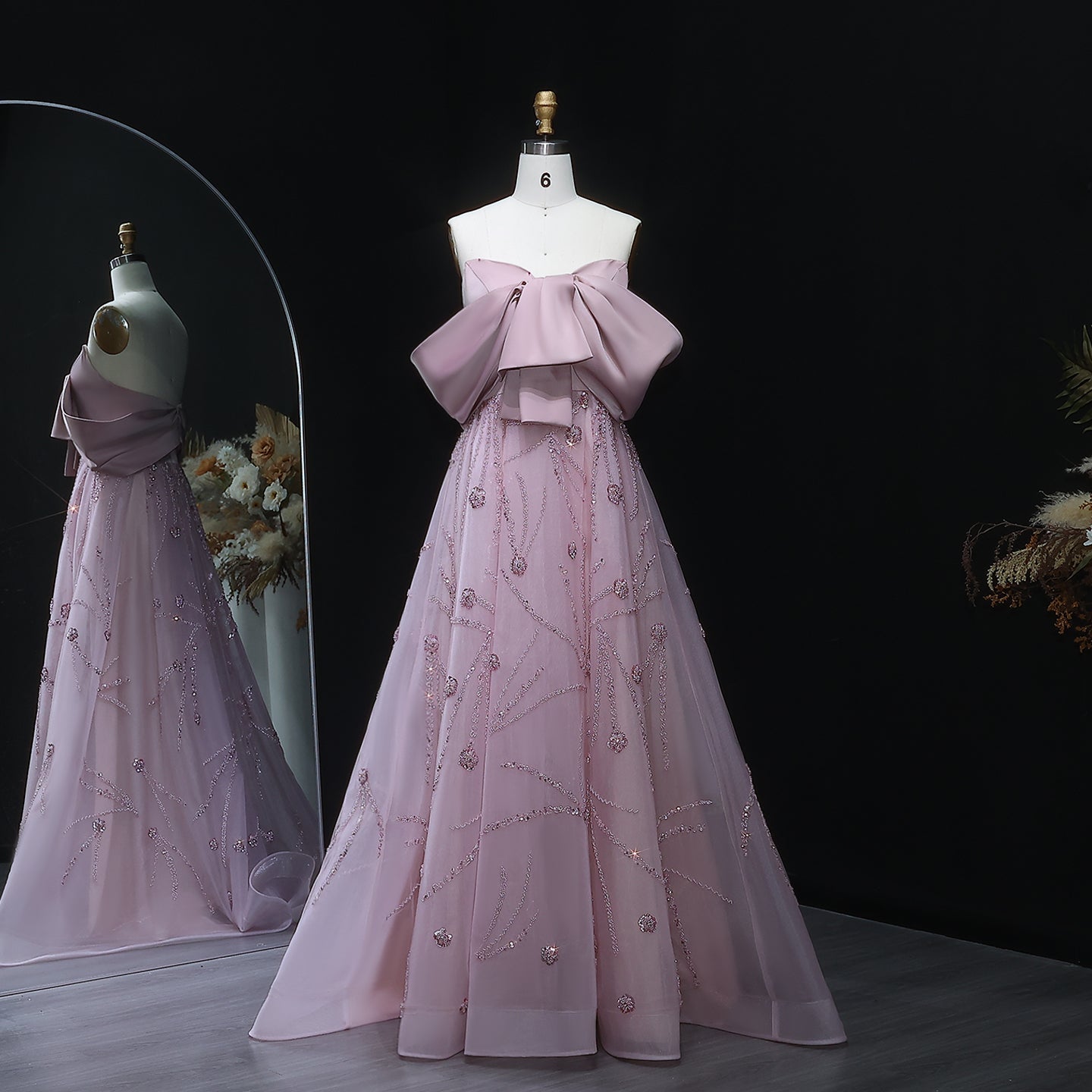 Luxury Blush Pink Bow Sequin Ball Gown Evening Dress XD051