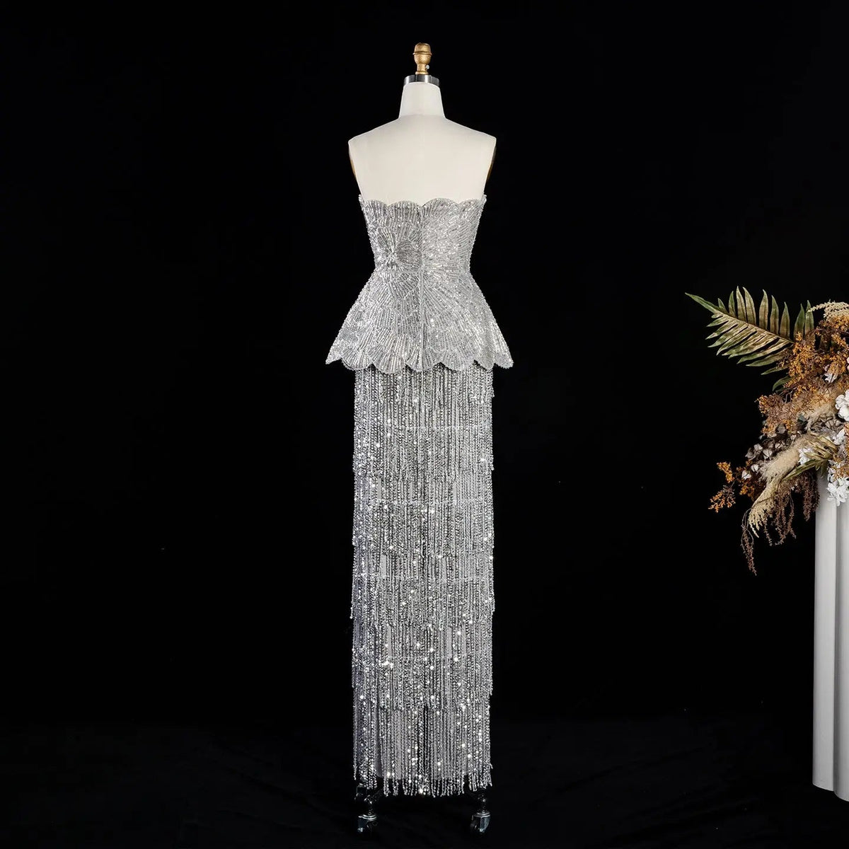 Gray Strapless Mermaid Luxury Beaded Sequins Tassels Skirt Evening Dress SS370