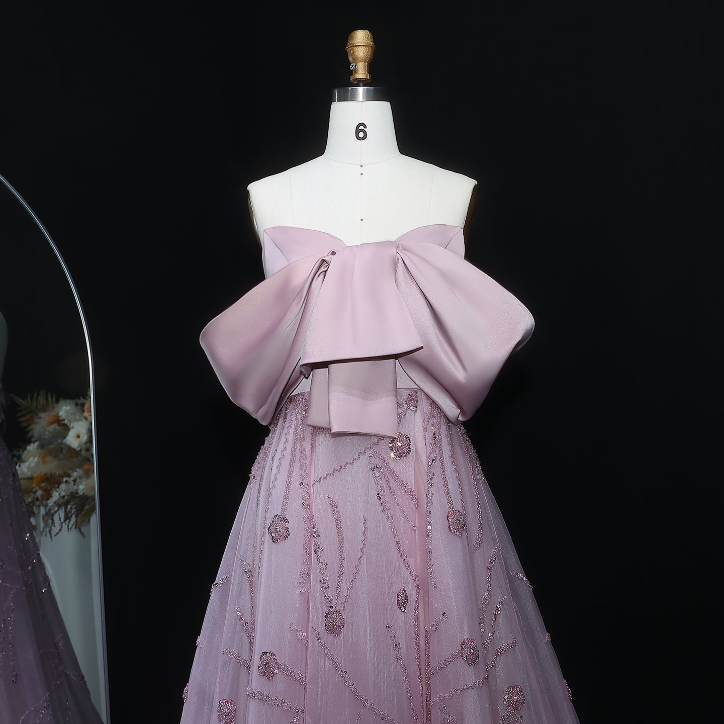 Luxury Blush Pink Bow Sequin Ball Gown Evening Dress XD051