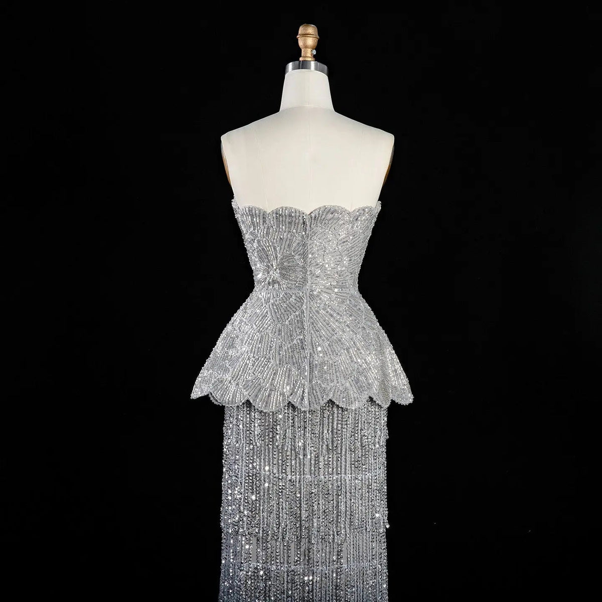 Gray Strapless Mermaid Luxury Beaded Sequins Tassels Skirt Evening Dress SS370