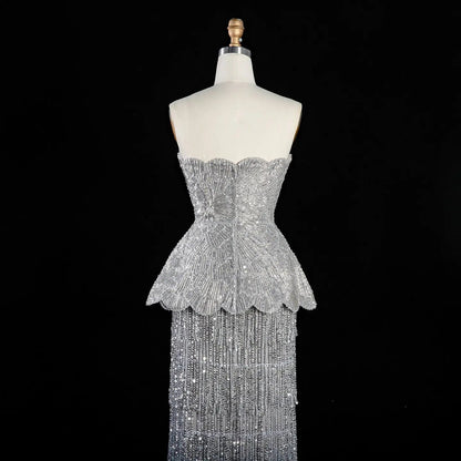 Gray Strapless Mermaid Luxury Beaded Sequins Tassels Skirt Evening Dress SS370