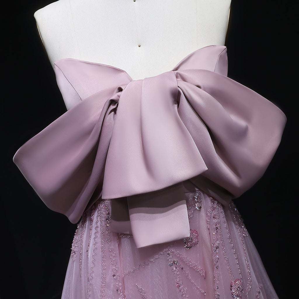 Luxury Blush Pink Bow Sequin Ball Gown Evening Dress XD051