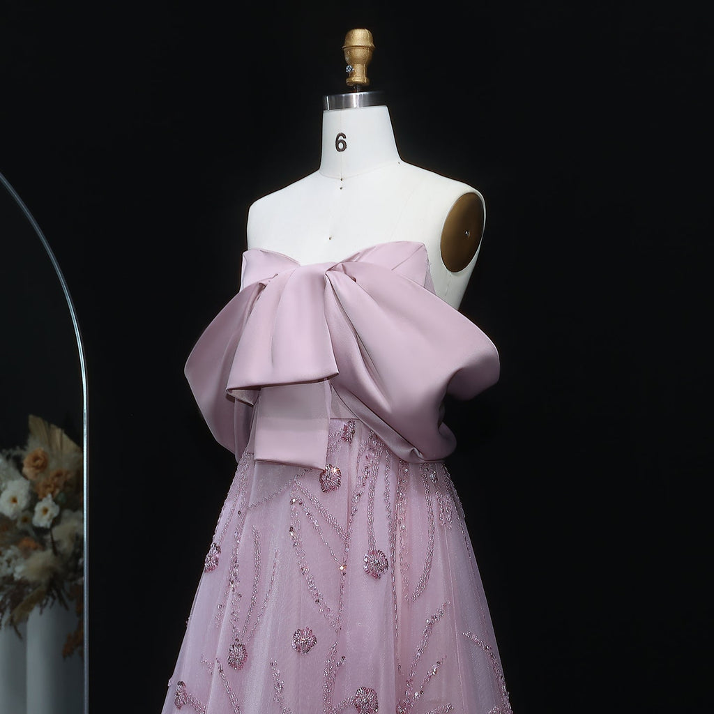 Luxury Blush Pink Bow Sequin Ball Gown Evening Dress XD051