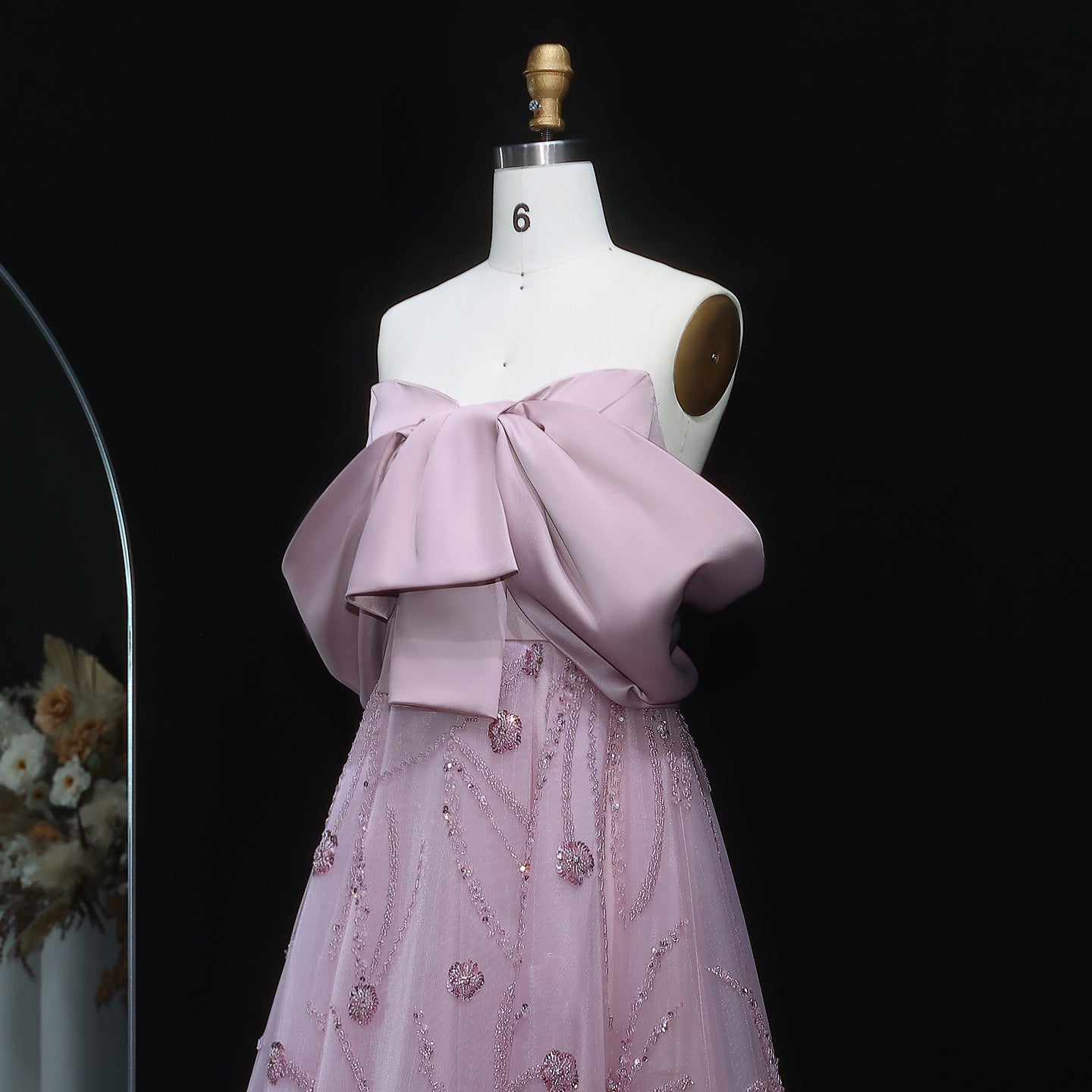 Luxury Blush Pink Bow Sequin Ball Gown Evening Dress XD051