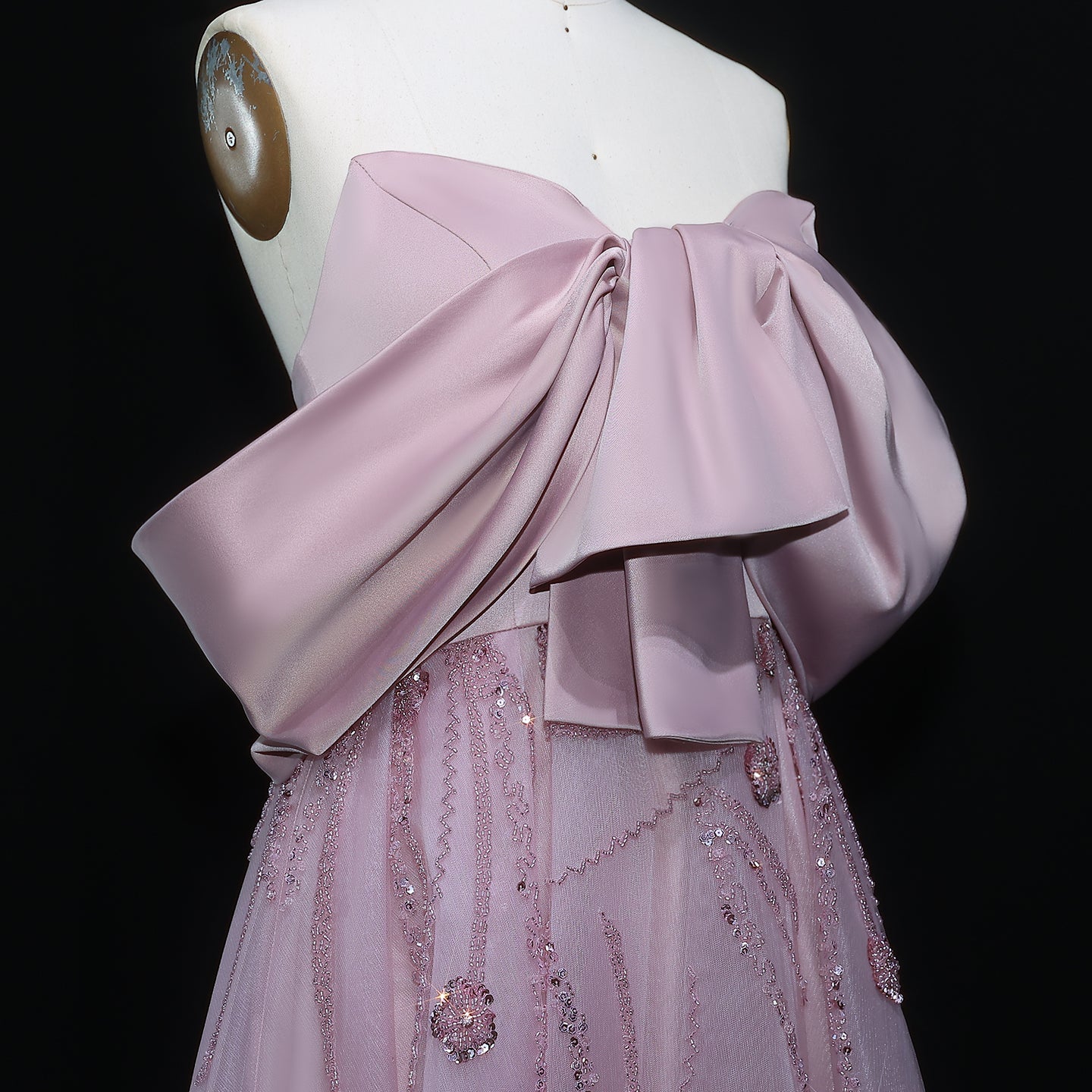 Luxury Blush Pink Bow Sequin Ball Gown Evening Dress XD051