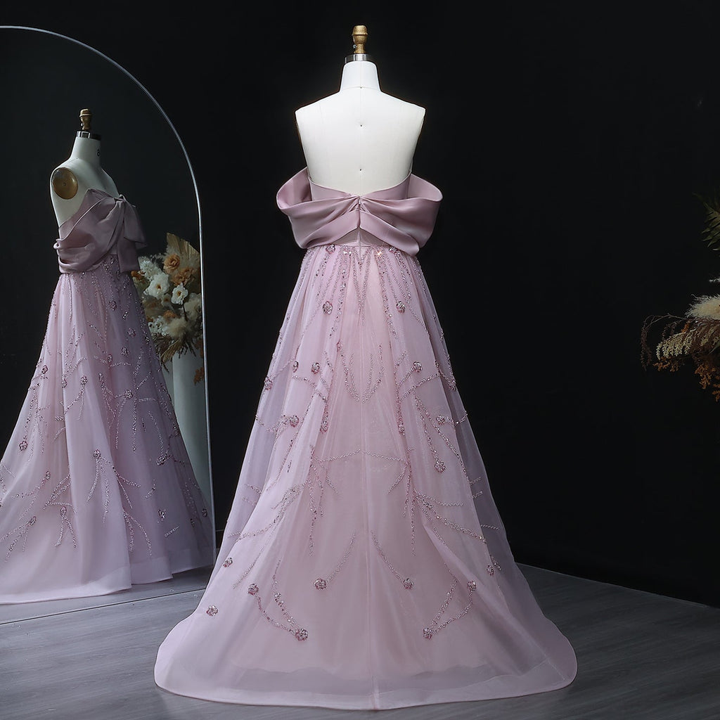 Luxury Blush Pink Bow Sequin Ball Gown Evening Dress XD051