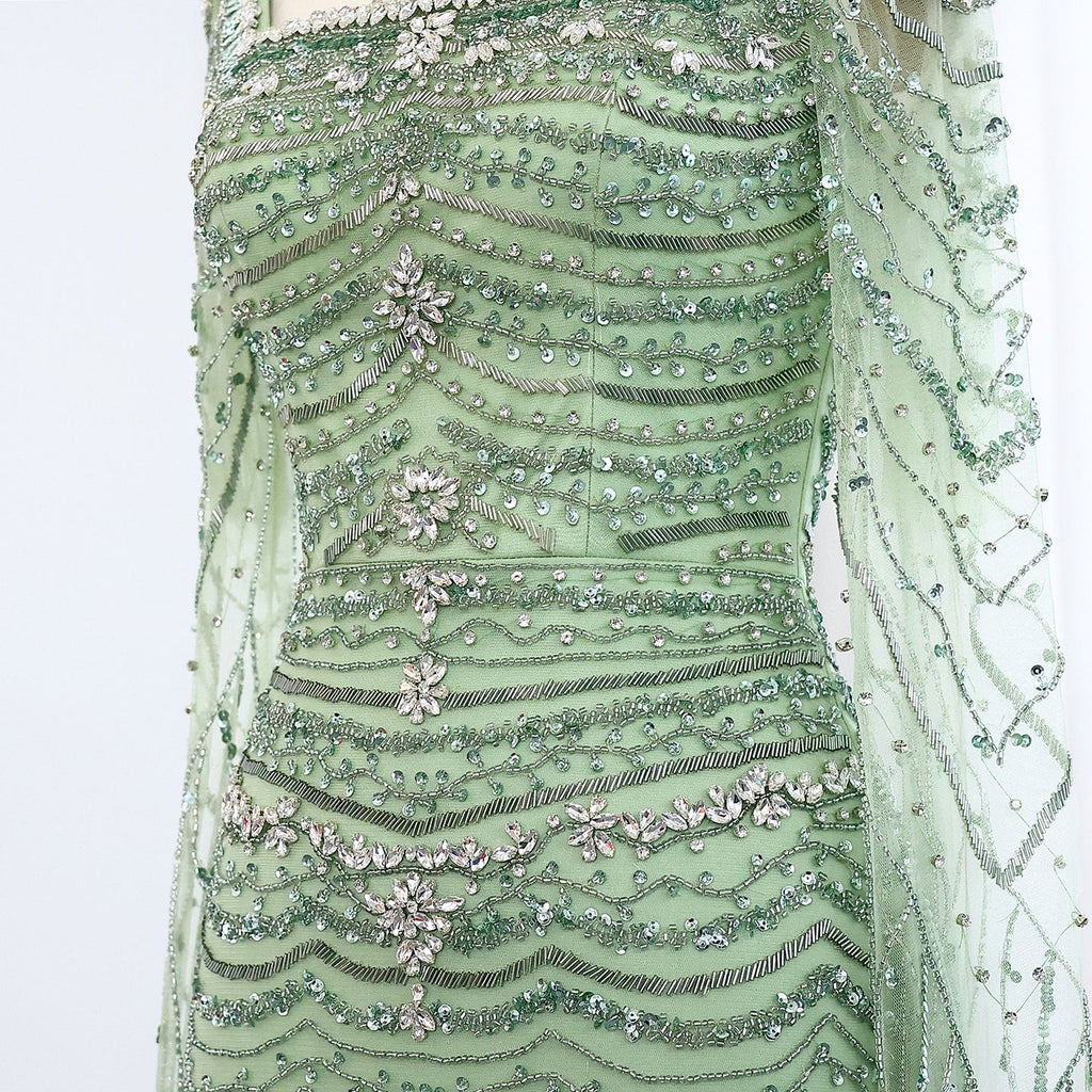Luxury Caramel Square Neck Evening Dress with Cape Sleeves SS330