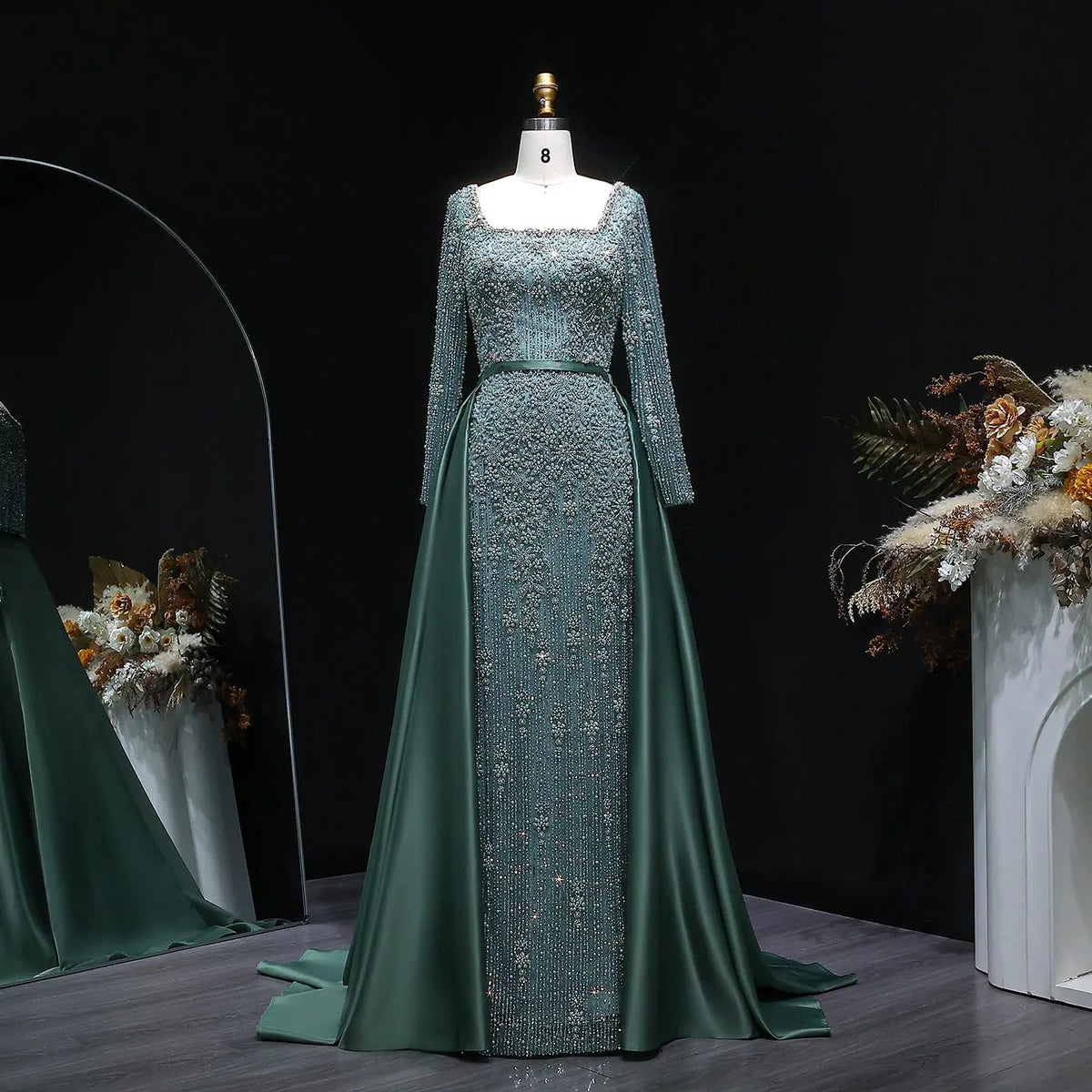 Luxury Green Beaded Long Sleeve Evening Dress with Overskirt SS119