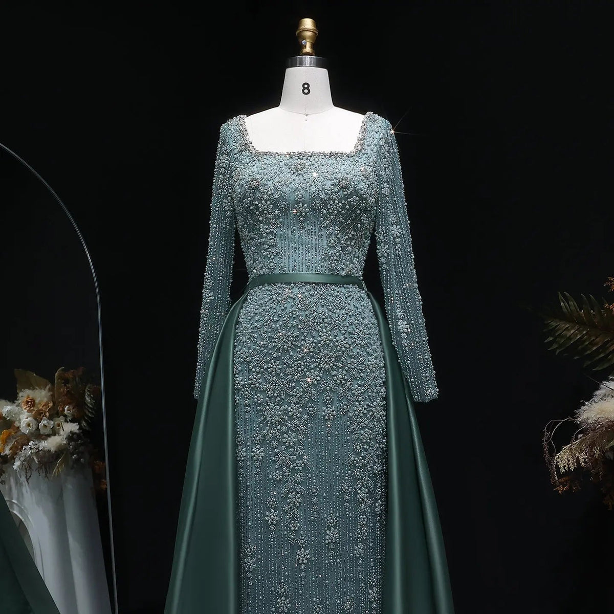 Luxury Green Beaded Long Sleeve Evening Dress with Overskirt SS119