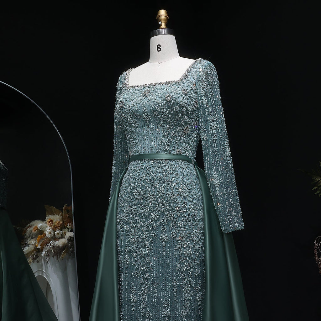 Elegant Green Beaded Long Sleeve Evening Dress with Overskirt SS119