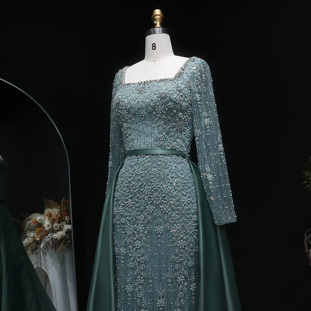Luxury Green Beaded Long Sleeve Evening Dress with Overskirt SS119