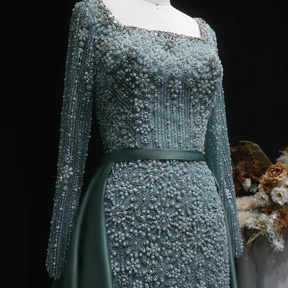 Luxury Green Beaded Long Sleeve Evening Dress with Overskirt SS119