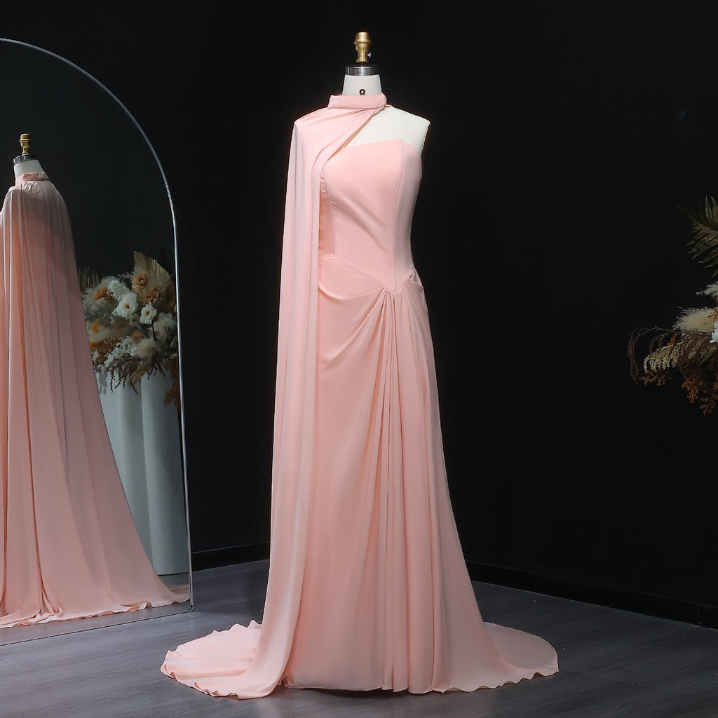 Elegant Strapless Pink Draped Evening Dress with Cape SF156