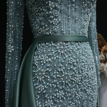 Luxury Green Beaded Long Sleeve Evening Dress with Overskirt SS119