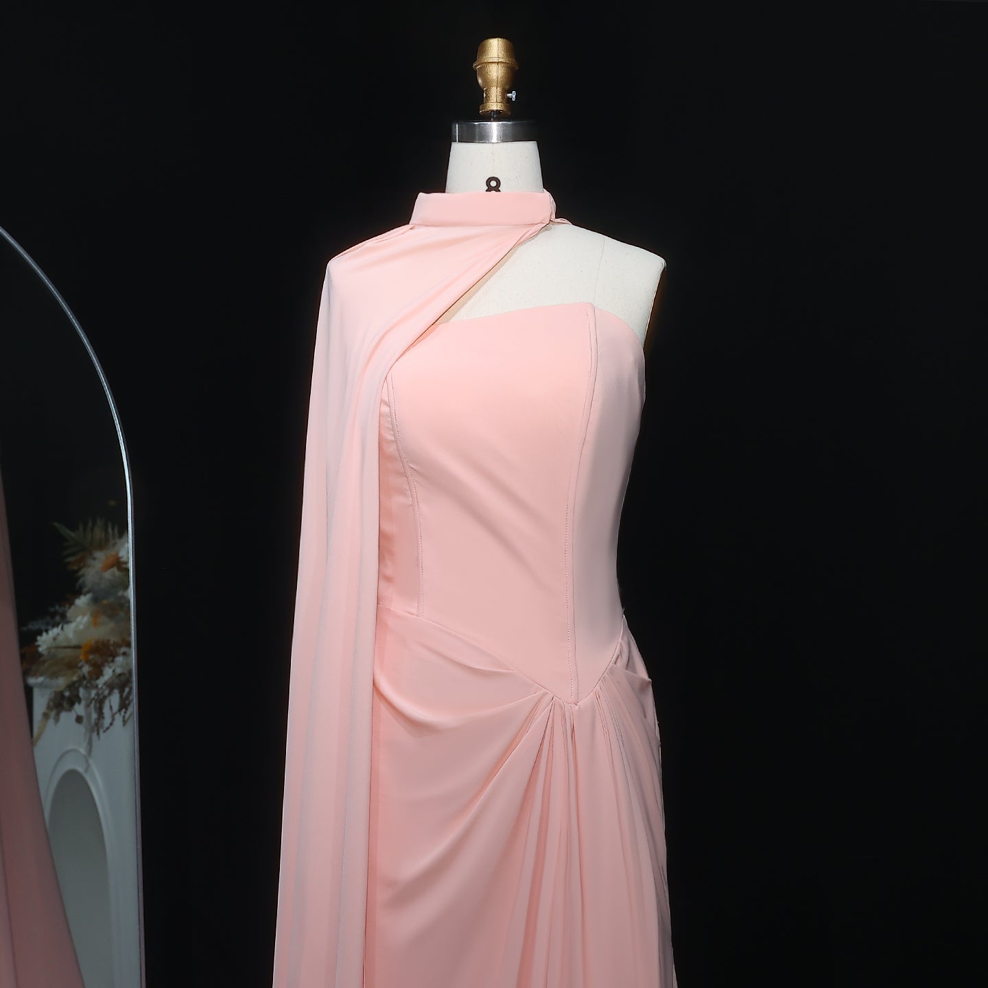 Elegant Strapless Pink Draped Evening Dress with Cape SF156