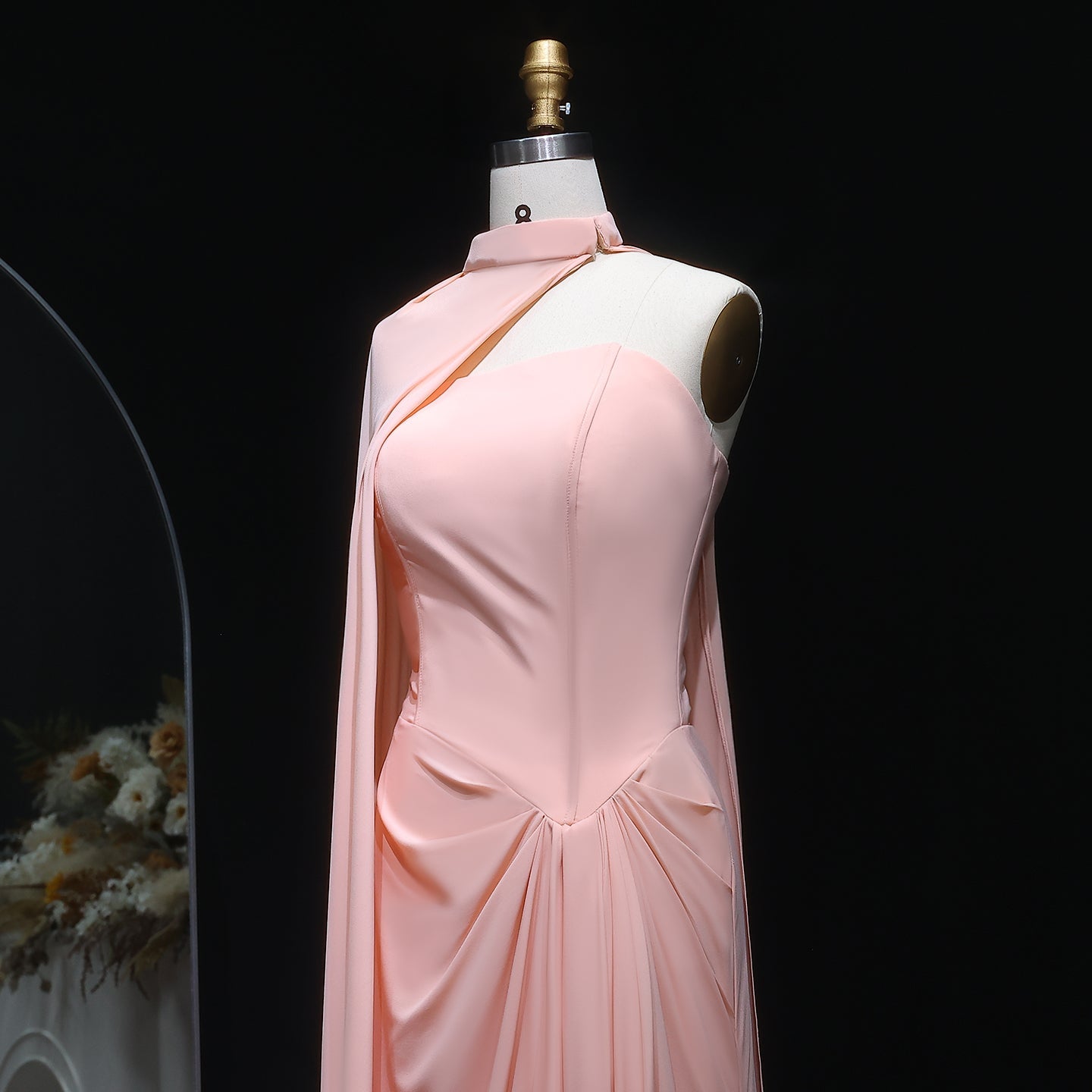 Elegant Strapless Pink Draped Evening Dress with Cape SF156