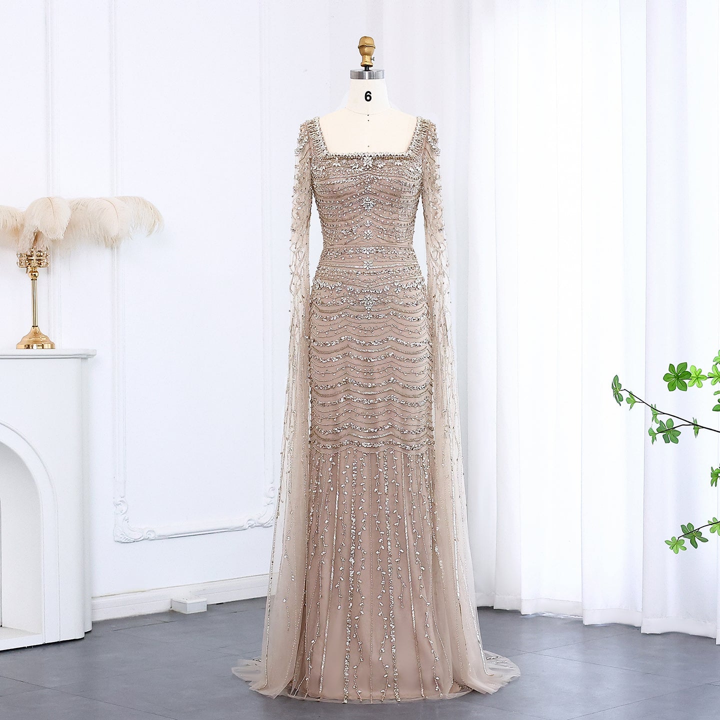 Luxury Caramel Square Neck Evening Dress with Cape Sleeves SS330