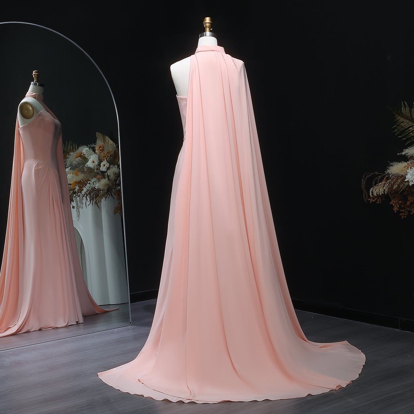 Elegant Strapless Pink Draped Evening Dress with Cape SF156