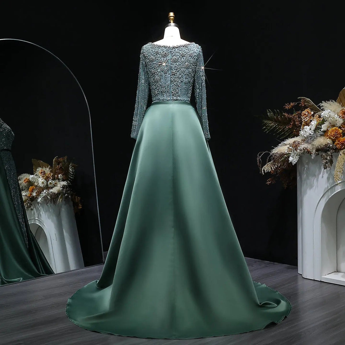 Luxury Green Beaded Long Sleeve Evening Dress with Overskirt SS119