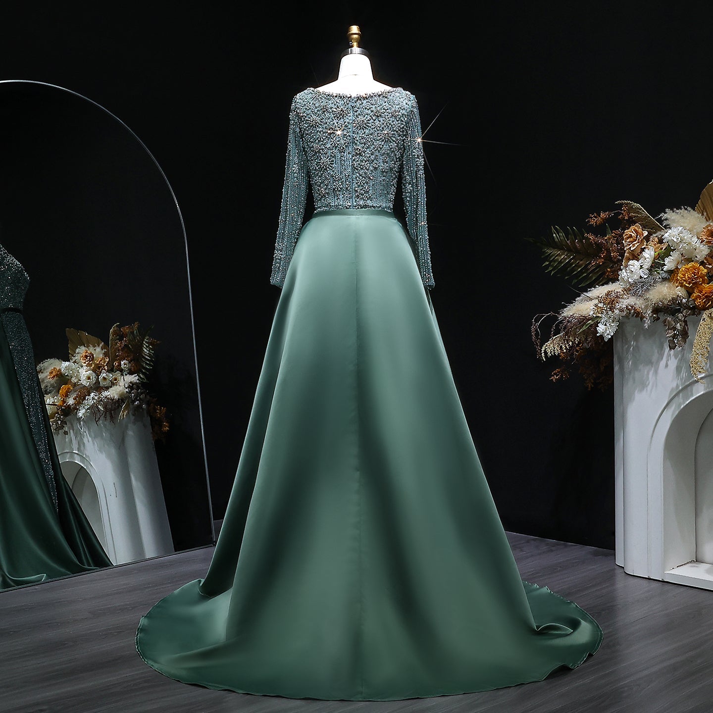 Elegant Green Beaded Long Sleeve Evening Dress with Overskirt SS119