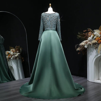 Luxury Green Beaded Long Sleeve Evening Dress with Overskirt SS119