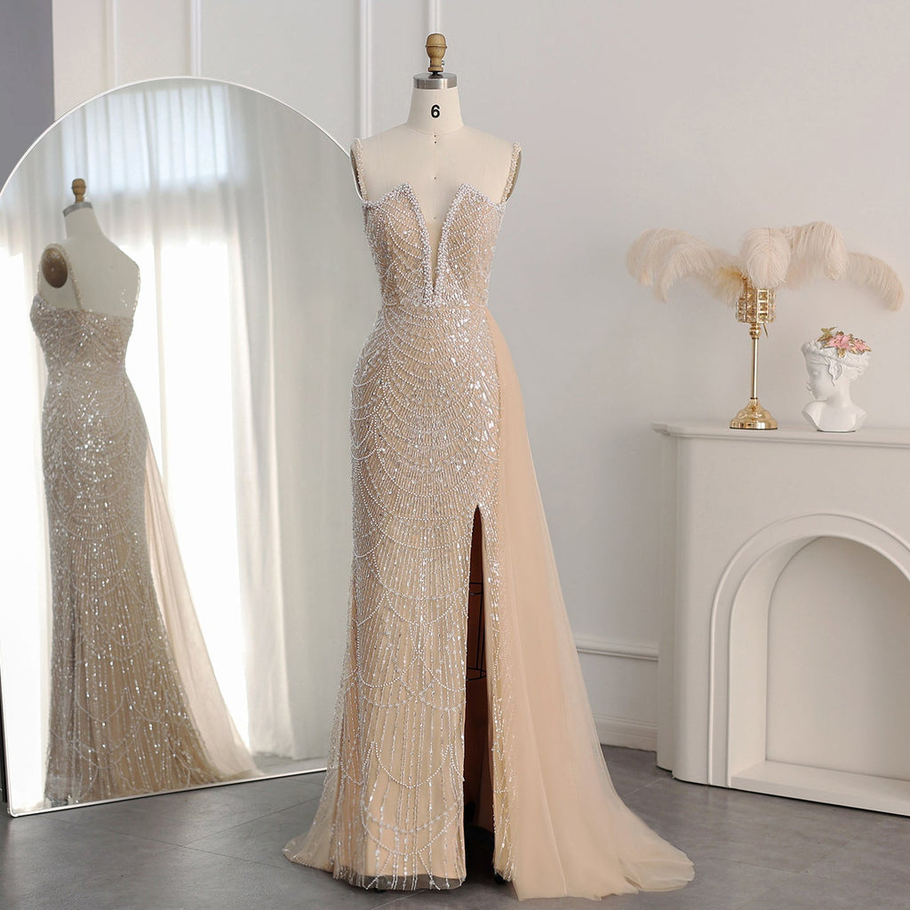 Luxury Pearls Nude Spaghetti Straps Mermaid Evening Dress with Slit SS611