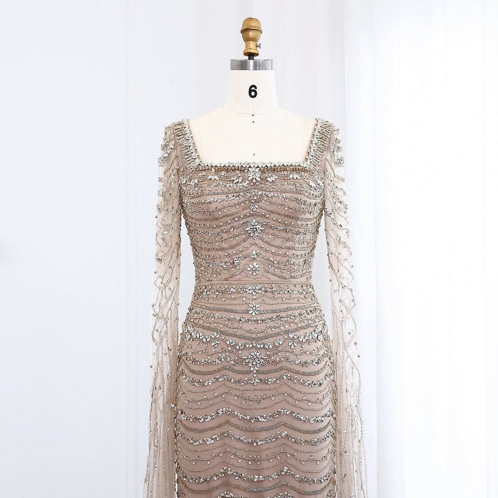 Luxury Caramel Square Neck Evening Dress with Cape Sleeves SS330