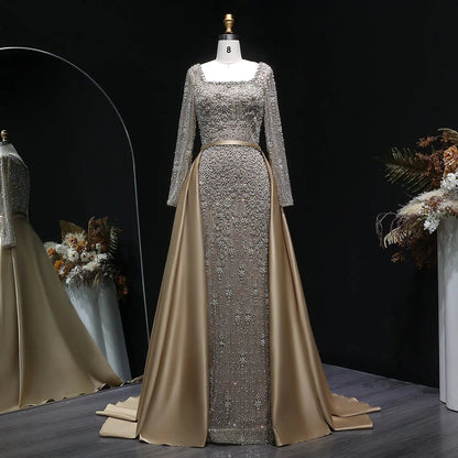 Luxury Green Beaded Long Sleeve Evening Dress with Overskirt SS119
