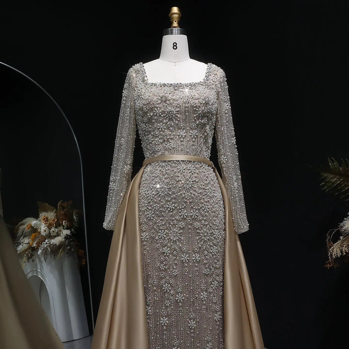 Luxury Green Beaded Long Sleeve Evening Dress with Overskirt SS119