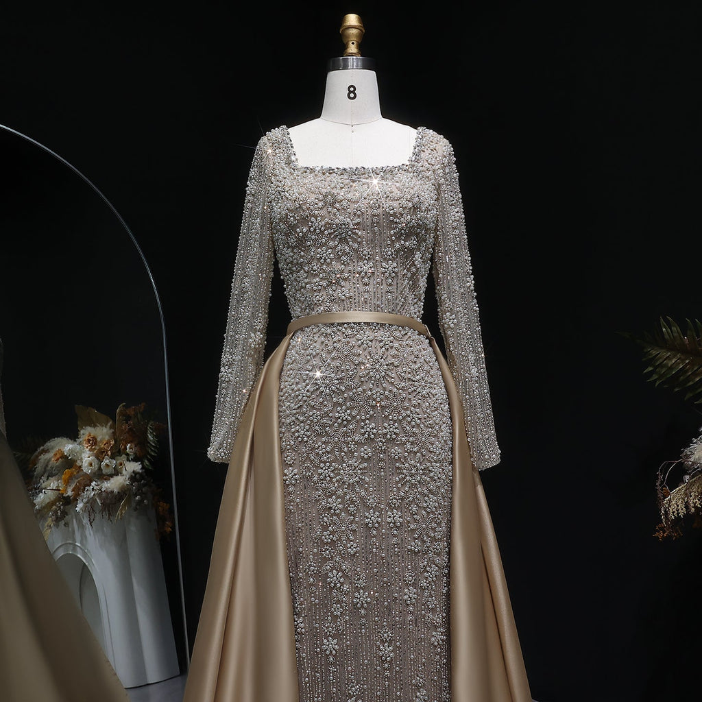 Elegant Green Beaded Long Sleeve Evening Dress with Overskirt SS119