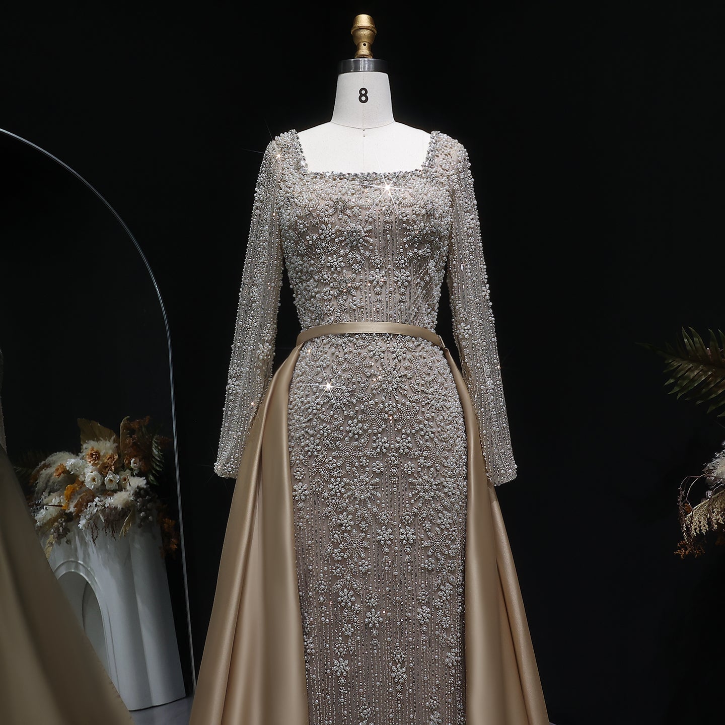 Elegant Green Beaded Long Sleeve Evening Dress with Overskirt SS119