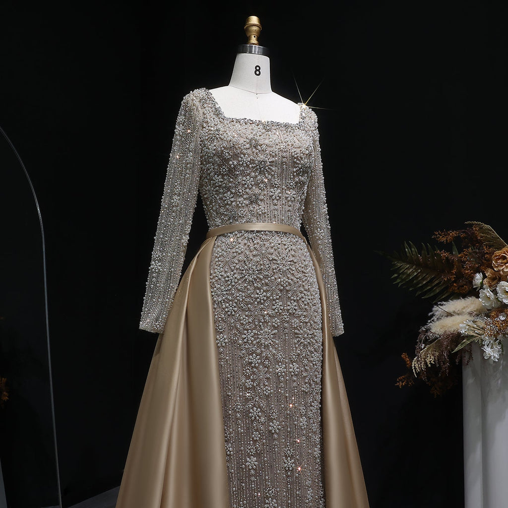 Elegant Green Beaded Long Sleeve Evening Dress with Overskirt SS119