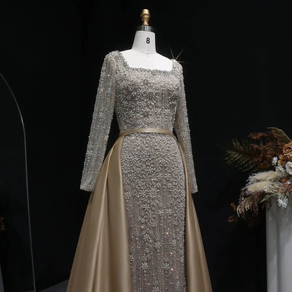 Luxury Green Beaded Long Sleeve Evening Dress with Overskirt SS119