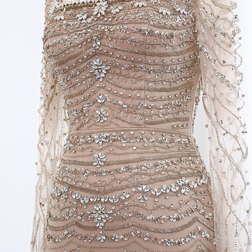Luxury Caramel Square Neck Evening Dress with Cape Sleeves SS330
