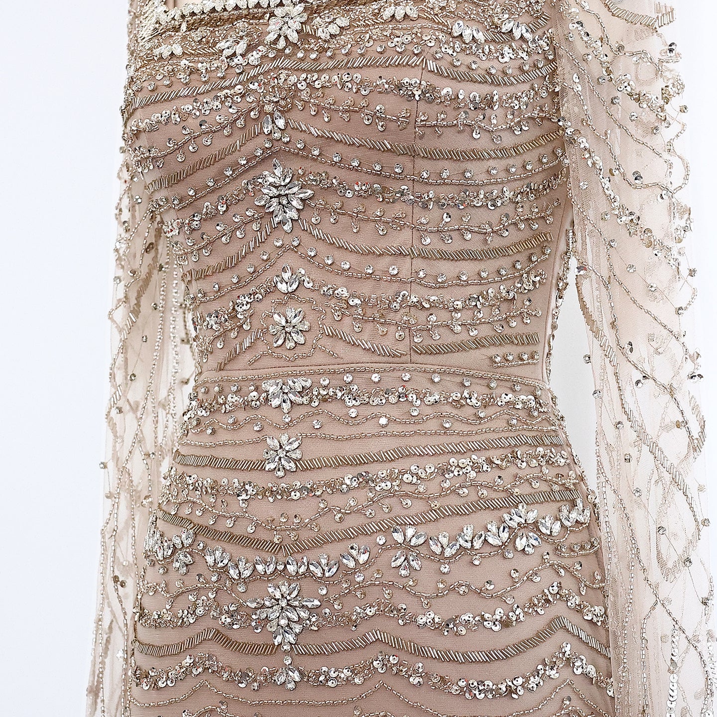 Luxury Caramel Square Neck Evening Dress with Cape Sleeves SS330