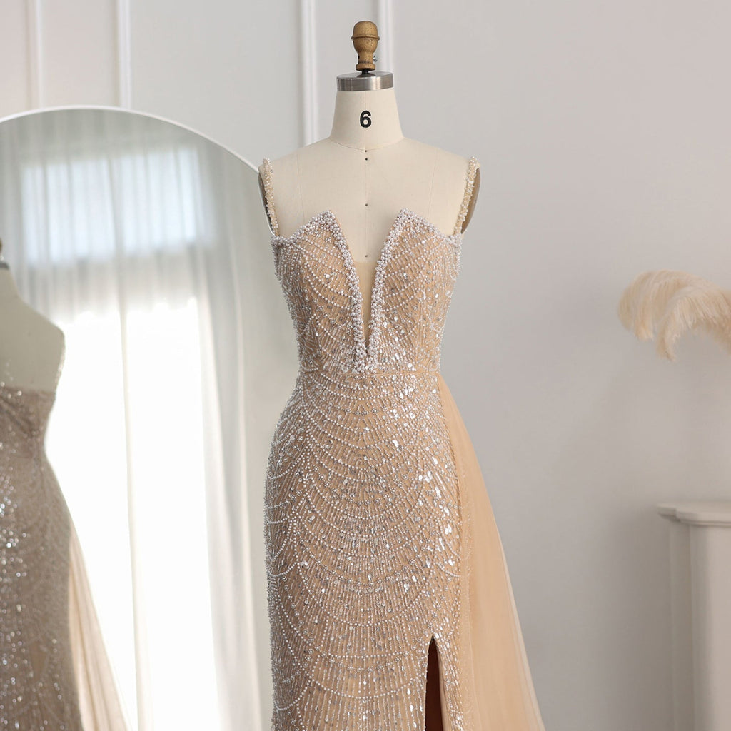 Luxury Pearls Nude Spaghetti Straps Mermaid Evening Dress with Slit SS611