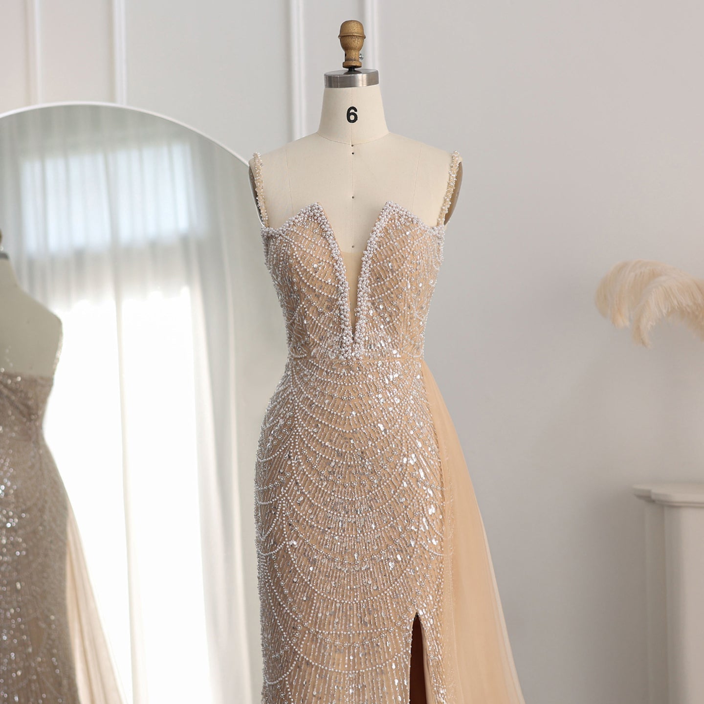 Luxury Pearls Nude Spaghetti Straps Mermaid Evening Dress with Slit SS611