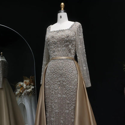 Luxury Green Beaded Long Sleeve Evening Dress with Overskirt SS119