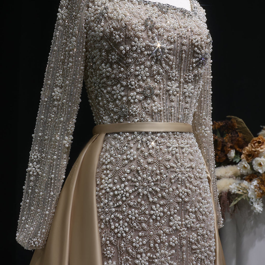 Elegant Green Beaded Long Sleeve Evening Dress with Overskirt SS119