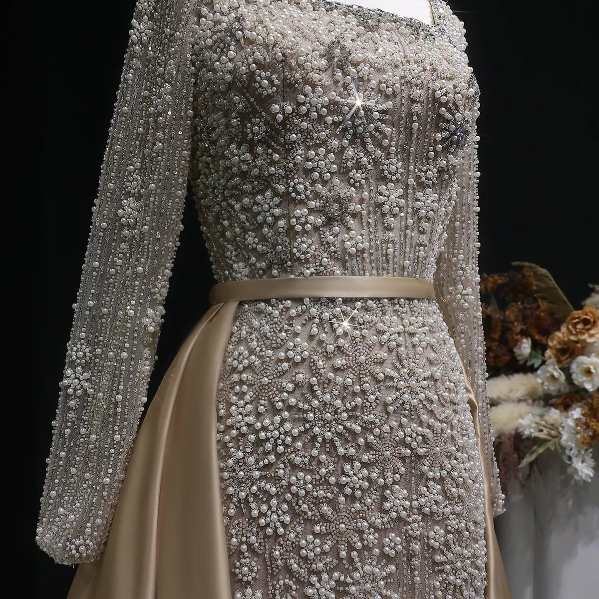 Luxury Green Beaded Long Sleeve Evening Dress with Overskirt SS119
