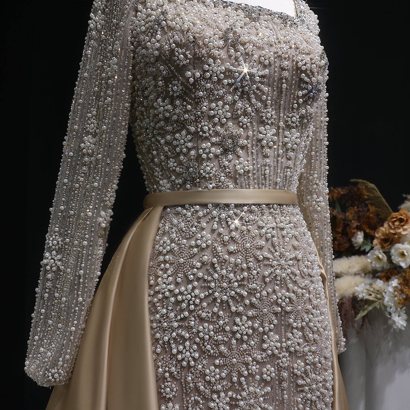Elegant Green Beaded Long Sleeve Evening Dress with Overskirt SS119