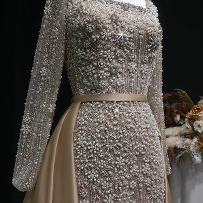 Luxury Green Beaded Long Sleeve Evening Dress with Overskirt SS119