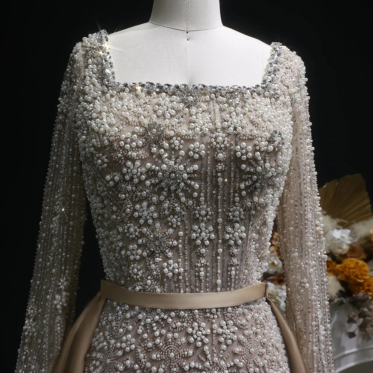 Luxury Green Beaded Long Sleeve Evening Dress with Overskirt SS119