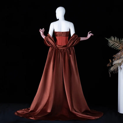 Glamorous Rust Strapless Satin Evening Dress with Oversized Sleeves SF490