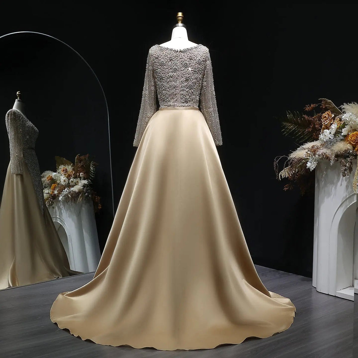 Luxury Green Beaded Long Sleeve Evening Dress with Overskirt SS119
