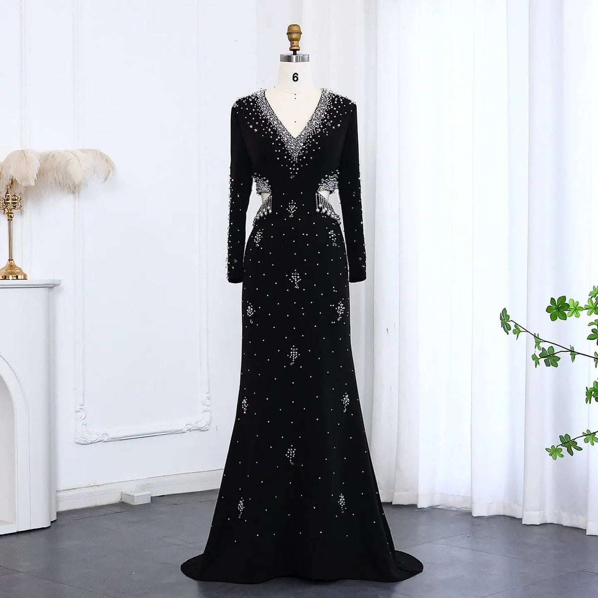 Luxury Black Pearl Beaded Long Sleeve Evening Dress XD019