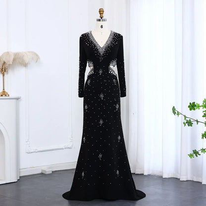 Luxury Black Pearl Beaded Long Sleeve Evening Dress XD019